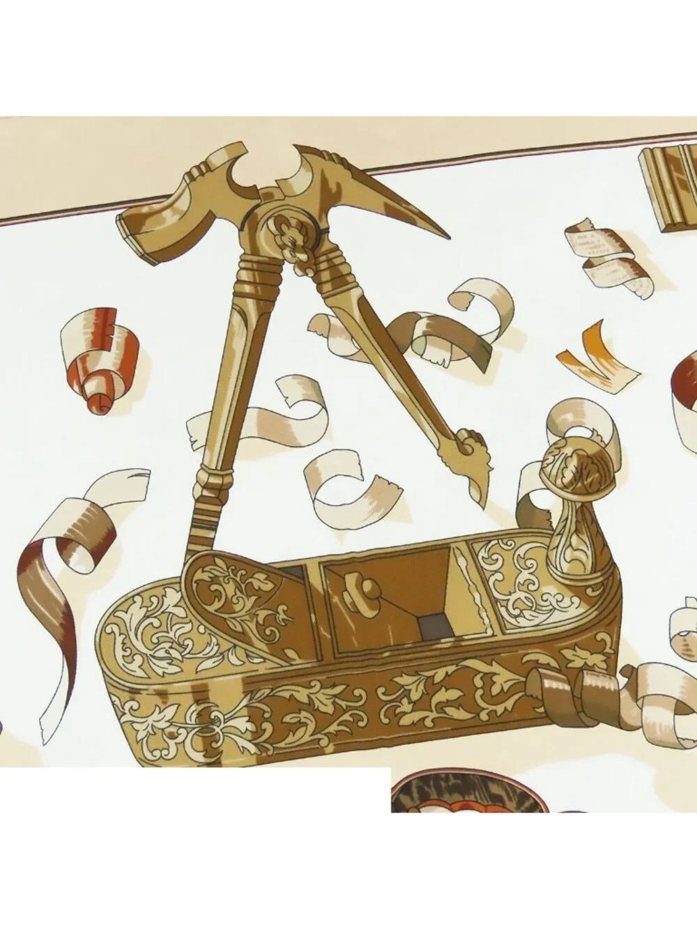 Hermes Carre 90 Beige Brown Silk Copeaux Sawdust Horse Pattern Tool Scarf